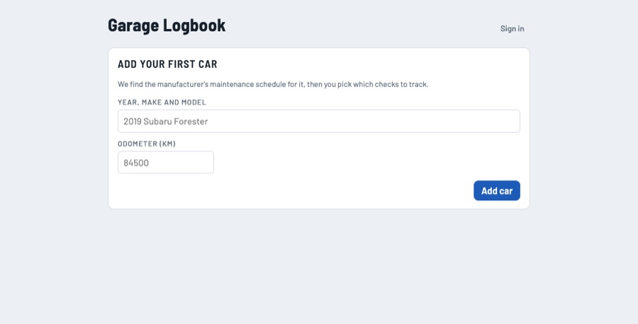 Garage Logbook add-a-car screen